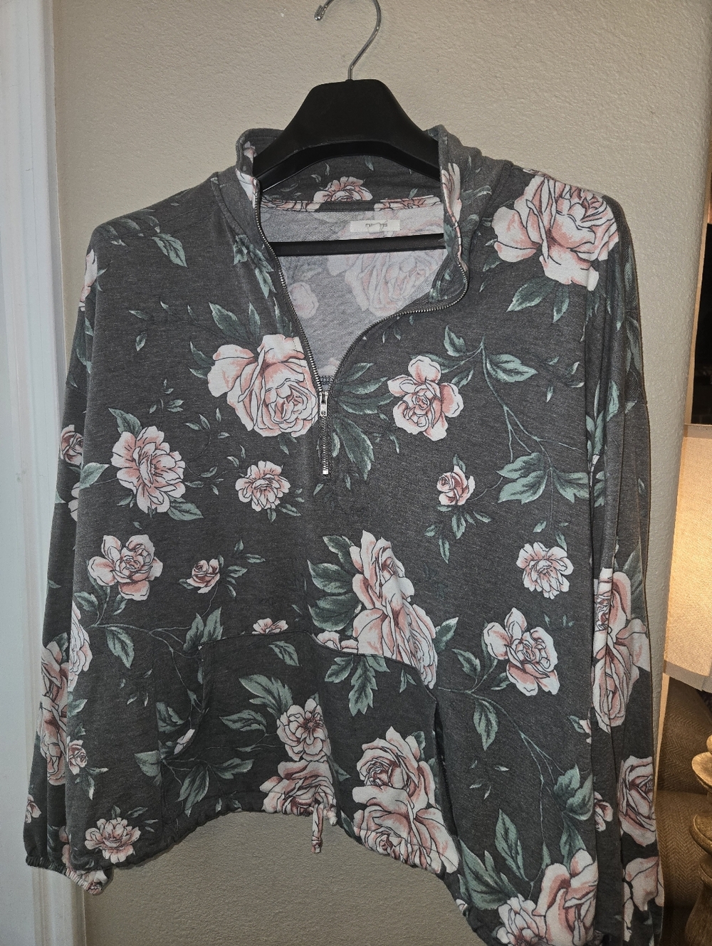 Maurices Floral Half-Zip Hoodie - Charcoal with Blush Pink Roses